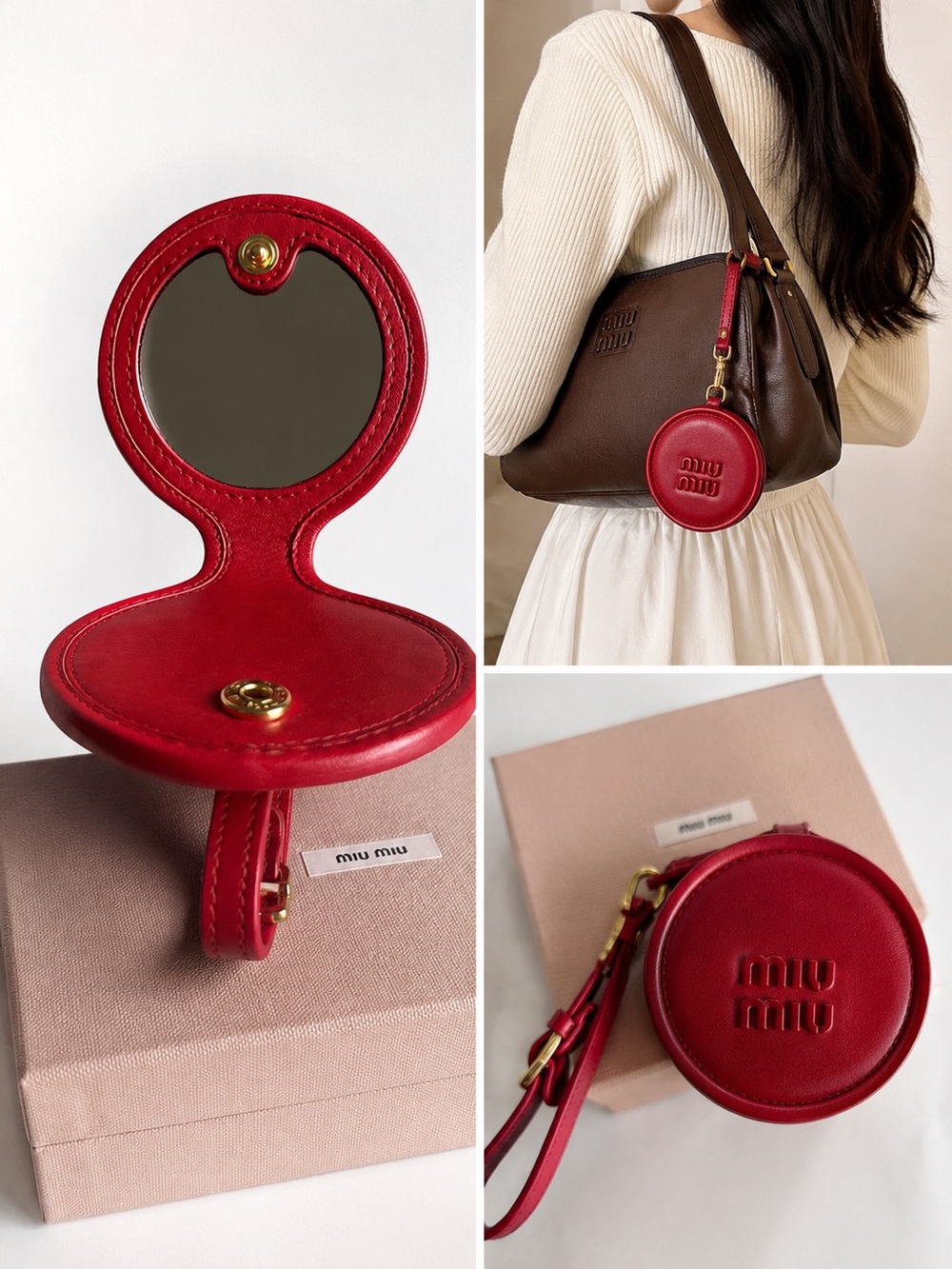 Miu Miu Red Leather Compact Mirror Wristlet Bag Charm w/ Box